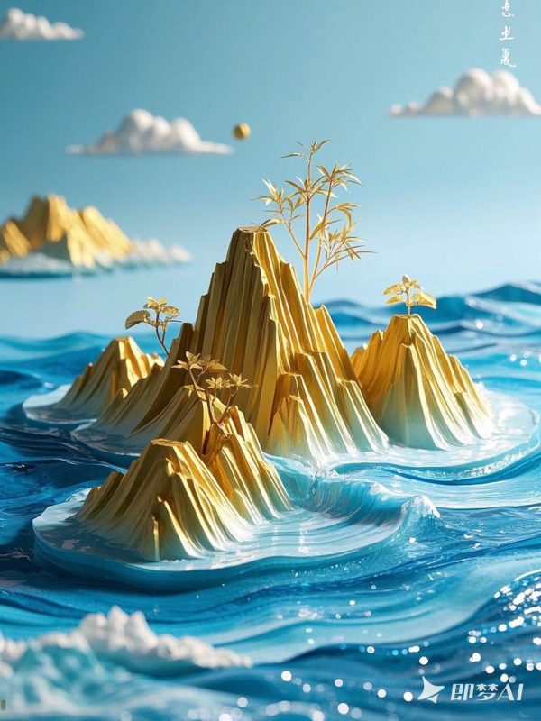 中国风3D立体金山自然山水海洋主题半透明树脂模型-即梦ai关键词描述咒语-Ai宇宙吧-