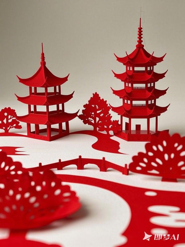 红色中国西湖风景建筑非遗剪纸艺术风格摄影海报-即梦ai关键词描述咒语-Ai宇宙吧-