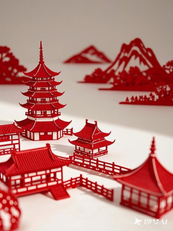 红色中国西湖风景建筑非遗剪纸艺术风格摄影海报-即梦ai关键词描述咒语-Ai宇宙吧-