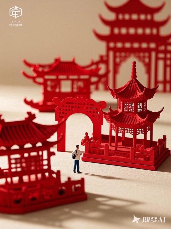 红色中国西湖风景建筑非遗剪纸艺术风格摄影海报-即梦ai关键词描述咒语-Ai宇宙吧-