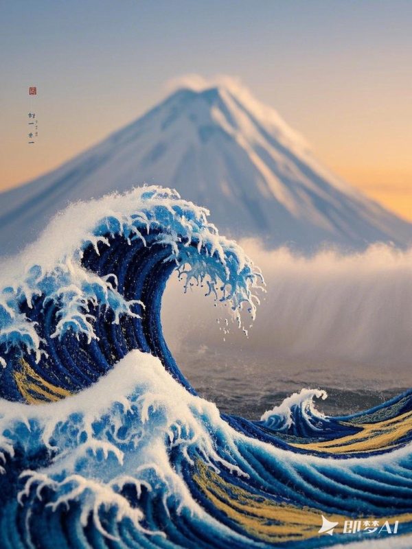 日式蓝色海浪富士山场景海报-即梦ai关键词描述咒语-Ai宇宙吧-