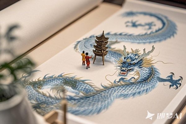 中国风立体龙苏绣微缩景观摄影海报-即梦ai关键词描述咒语-Ai宇宙吧-