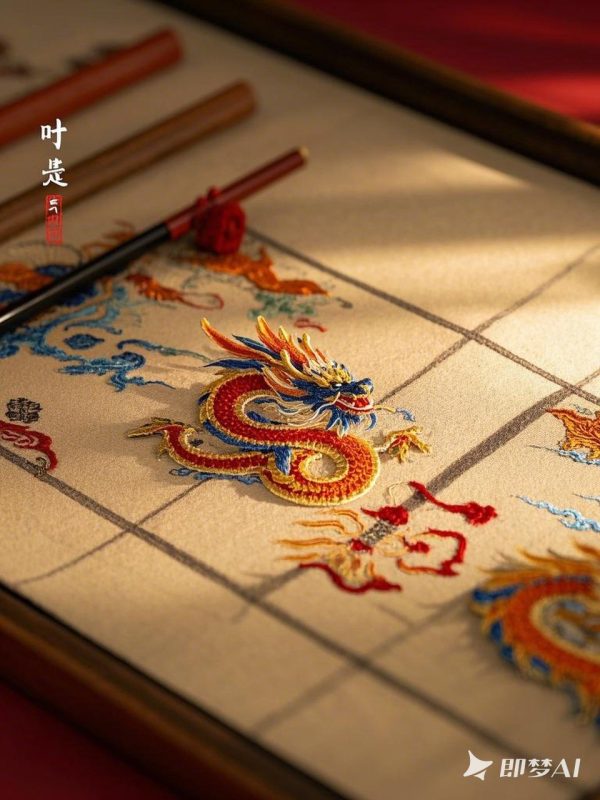 中国风立体龙苏绣微缩景观摄影海报-即梦ai关键词描述咒语-Ai宇宙吧-