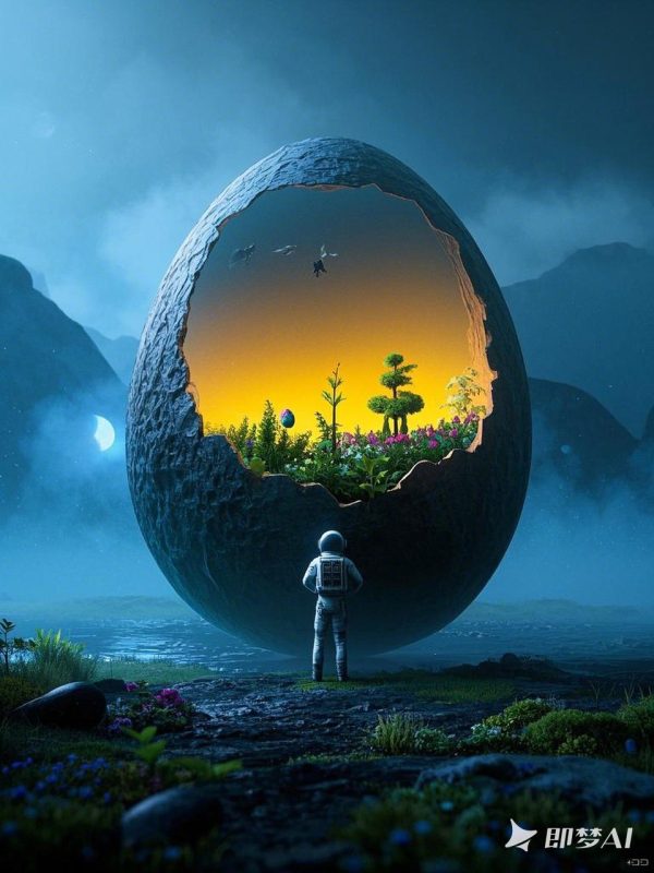 创意宇航员虚拟圆形花园立体空间凝望场景摄影海报-即梦ai关键词描述咒语-Ai宇宙吧-