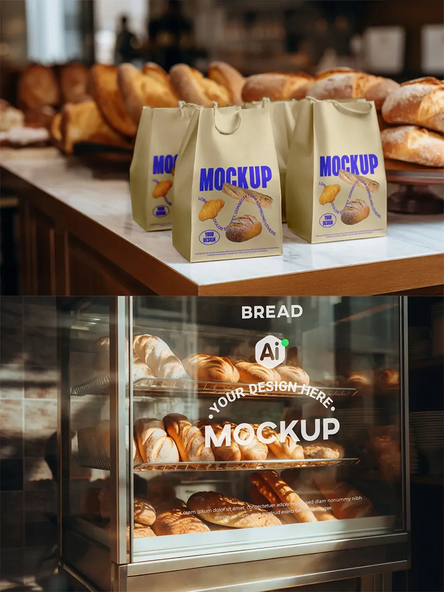 Midjourney - 面包烘焙店铺品牌logo标志VI包装展示贴图样机psd素材模板Mockup Mockup样机-Ai宇宙吧-