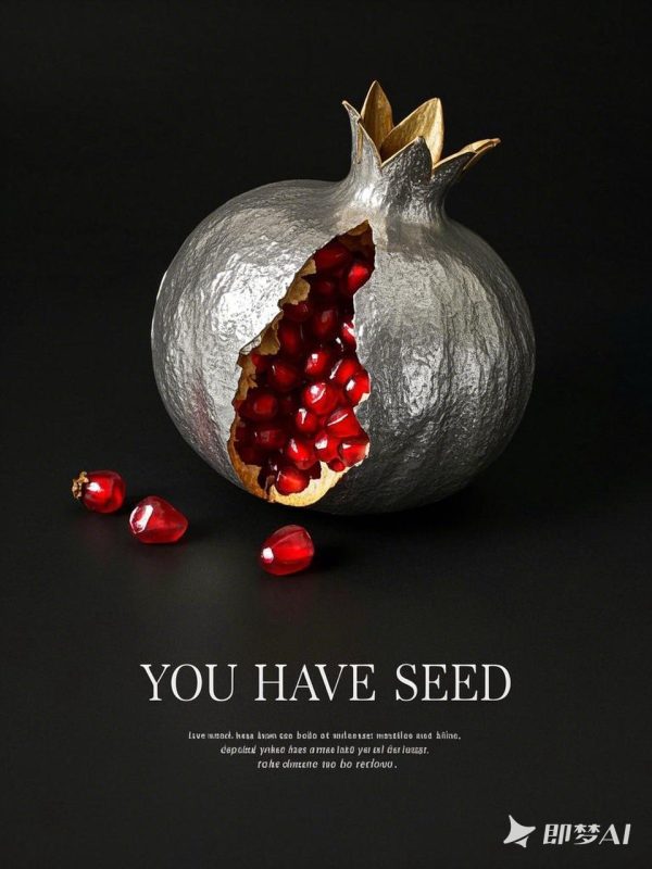 创意银色金属质感石榴裂开红色石榴籽摄影海报-即梦ai关键词描述咒语-Ai宇宙吧-