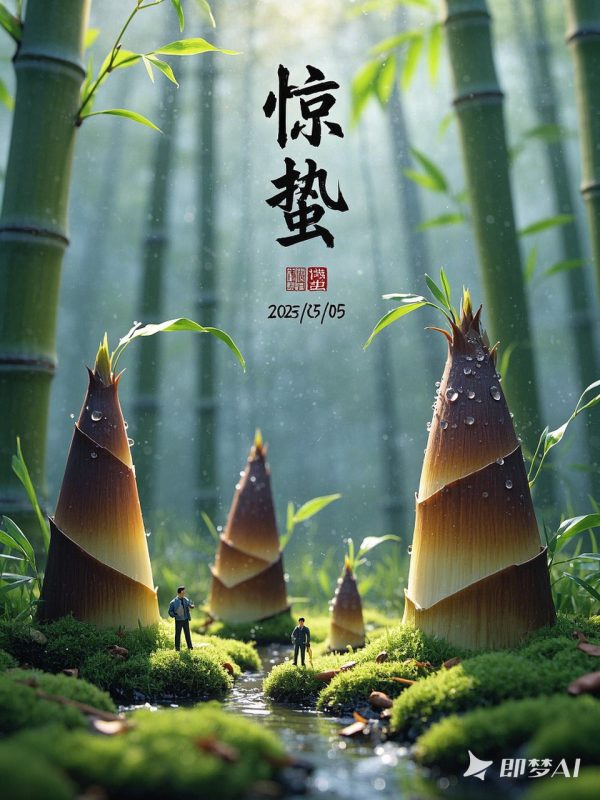 创意春天惊蛰节气巨型竹笋场景微距镜头摄影海报-即梦ai关键词描述咒语-Ai宇宙吧-