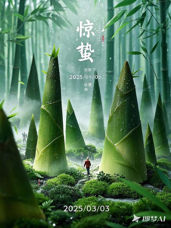 创意春天惊蛰节气巨型竹笋场景微距镜头摄影海报-即梦ai关键词描述咒语-Ai宇宙吧-