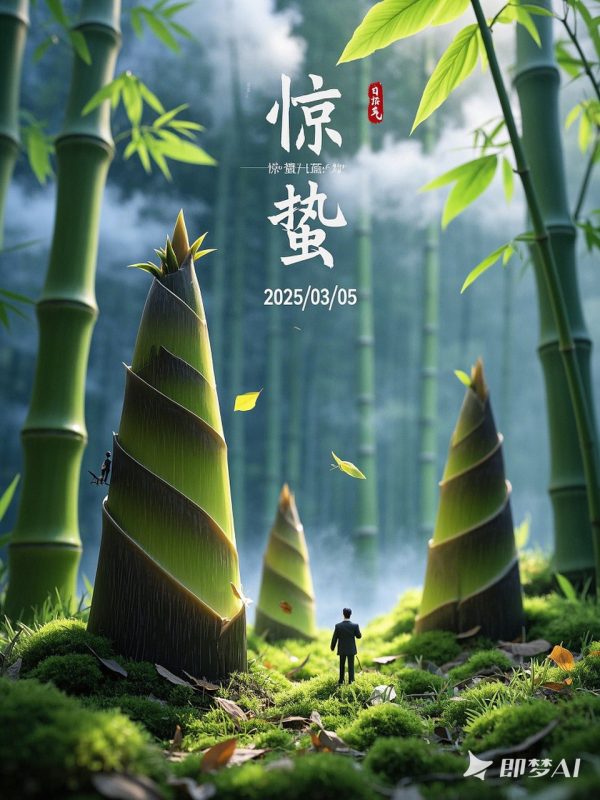 创意春天惊蛰节气巨型竹笋场景微距镜头摄影海报-即梦ai关键词描述咒语-Ai宇宙吧-