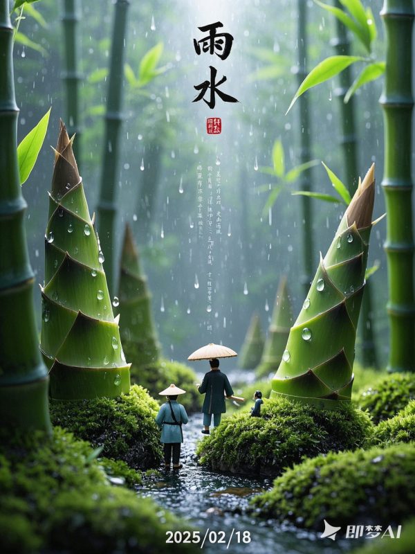 创意春天雨水节气巨型竹笋场景微距镜头摄影海报-即梦ai关键词描述咒语-Ai宇宙吧-
