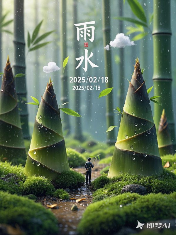 创意春天雨水节气巨型竹笋场景微距镜头摄影海报-即梦ai关键词描述咒语-Ai宇宙吧-