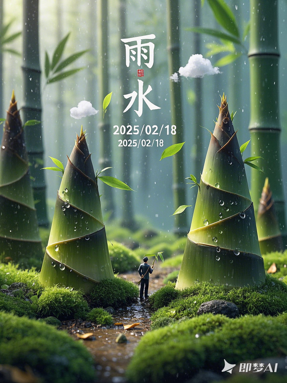 Midjourney - 创意春天雨水节气巨型竹笋场景微距镜头摄影海报-即梦ai关键词描述咒语 即梦Ai-Ai宇宙吧-