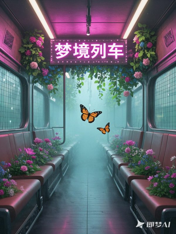 梦幻浪漫鲜花蝴蝶梦境列车场景摄影海报-即梦ai关键词描述咒语-Ai宇宙吧-