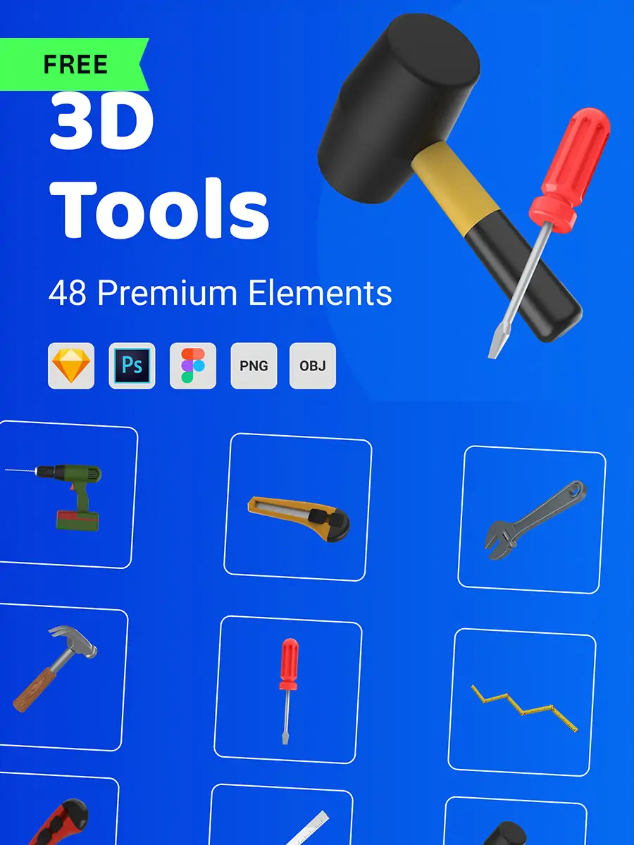 Midjourney - 3D立体实用工具锤子螺丝刀figma图标插图psd设计素材模型 三维模型-Ai宇宙吧-