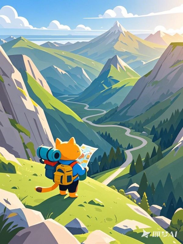 创意手绘小猫徒步旅行自然景观场景插图海报-即梦ai关键词描述咒语-Ai宇宙吧-