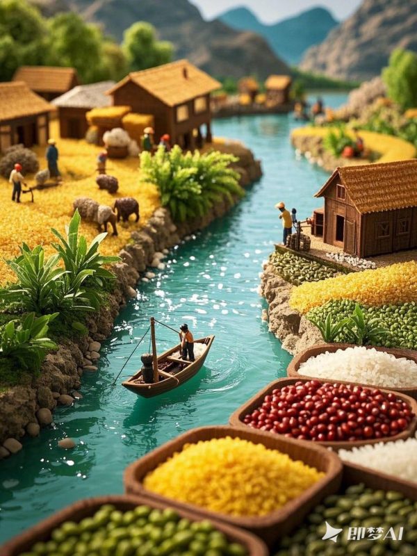 创意蜿蜒河流五谷杂粮微观世界摄影海报-即梦ai关键词描述咒语-Ai宇宙吧-