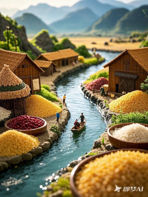 创意蜿蜒河流五谷杂粮微观世界摄影海报-即梦ai关键词描述咒语-Ai宇宙吧-