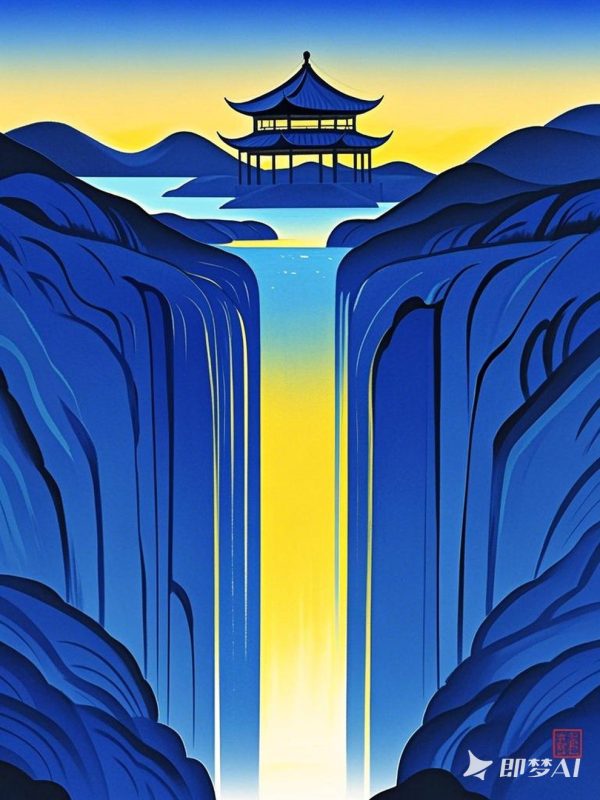 极简主义蓝色自然山水亭台阁楼插图绘画海报-即梦ai关键词描述咒语-Ai宇宙吧-