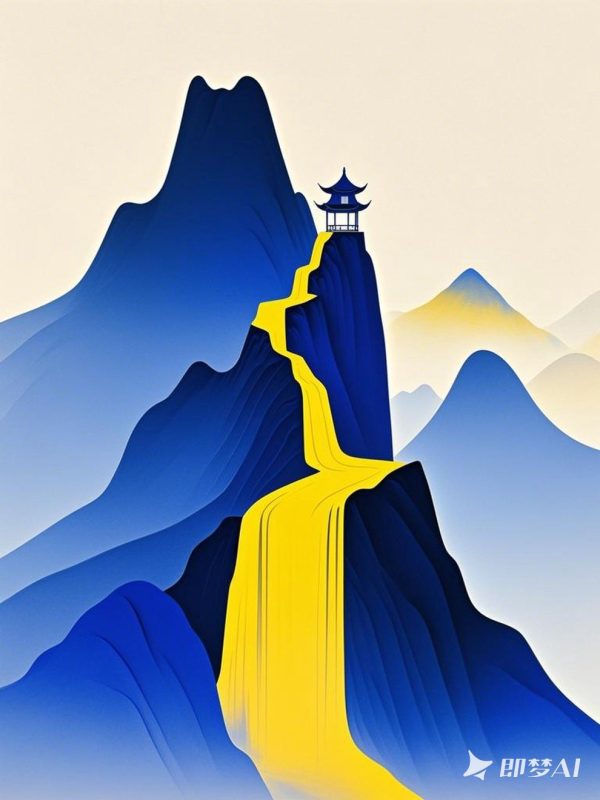 极简主义蓝色自然山水亭台阁楼插图绘画海报-即梦ai关键词描述咒语-Ai宇宙吧-