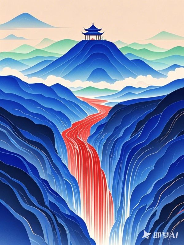 极简主义蓝色自然山水亭台阁楼红色瀑布插图绘画海报-即梦ai关键词描述咒语-Ai宇宙吧-