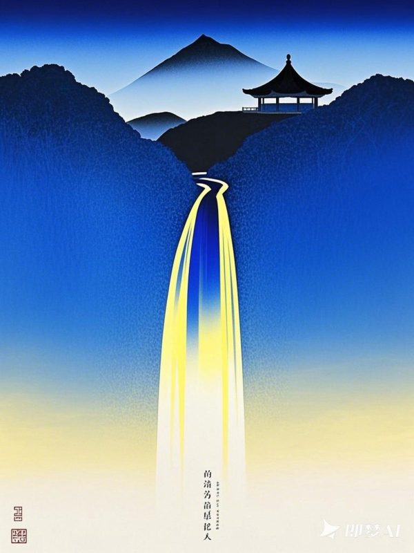 极简主义蓝色自然山水亭台阁楼插图绘画海报-即梦ai关键词描述咒语-Ai宇宙吧-