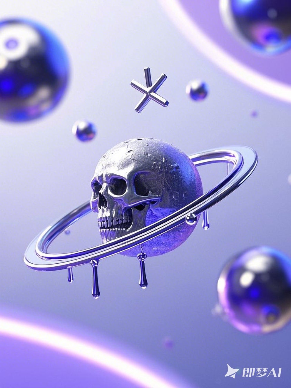 Midjourney - 超现实主义紫色酸性金属骷髅星球立体环绕空间海报-即梦ai关键词描述咒语 即梦Ai-Ai宇宙吧-