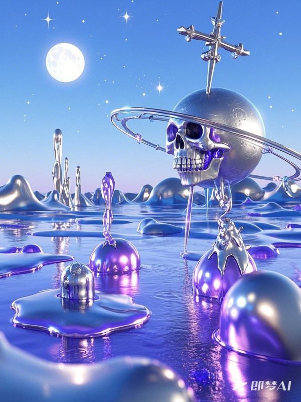 超现实主义紫色酸性金属骷髅星球立体环绕空间海报-即梦ai关键词描述咒语-Ai宇宙吧-