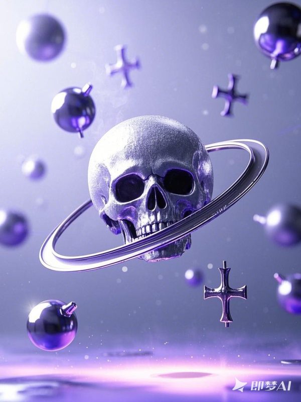 超现实主义紫色酸性金属骷髅星球立体环绕空间海报-即梦ai关键词描述咒语-Ai宇宙吧-