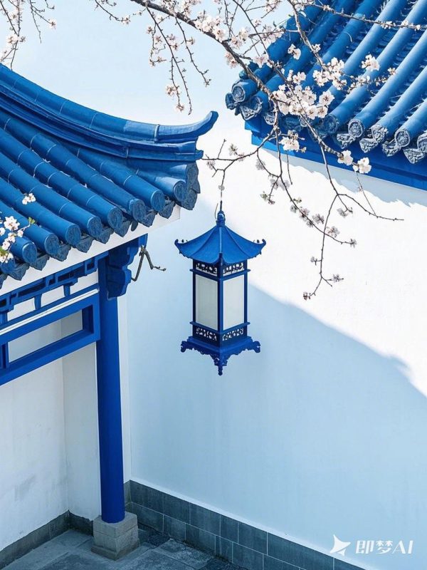 中国风东方美学青花瓷古建筑屋檐灯笼杏花摄影海报-即梦ai关键词描述咒语-Ai宇宙吧-