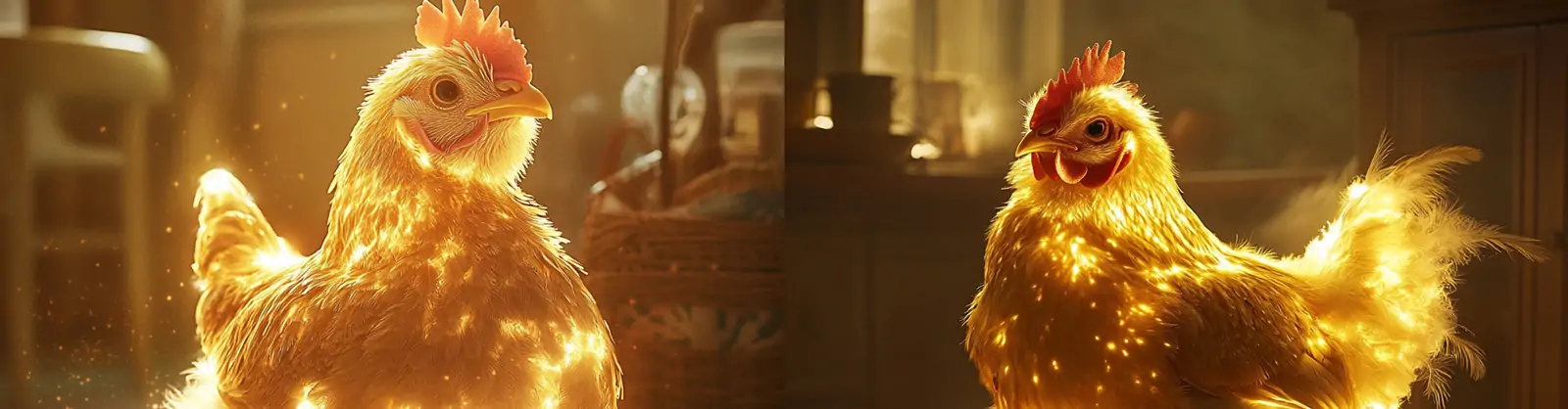 神奇闪闪发光金色鸡下蛋厨房场景摄影海报midjourney关键词咒语