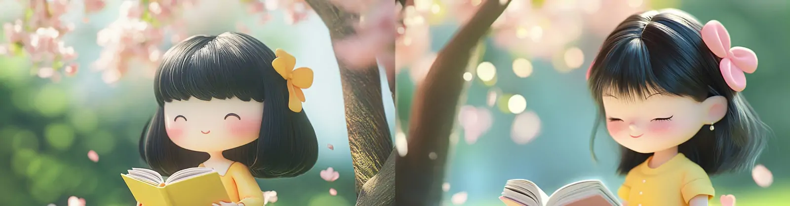 3D立体春天花园樱花女孩读书场景C4D盲盒玩具插图海报midjourney关键词咒语