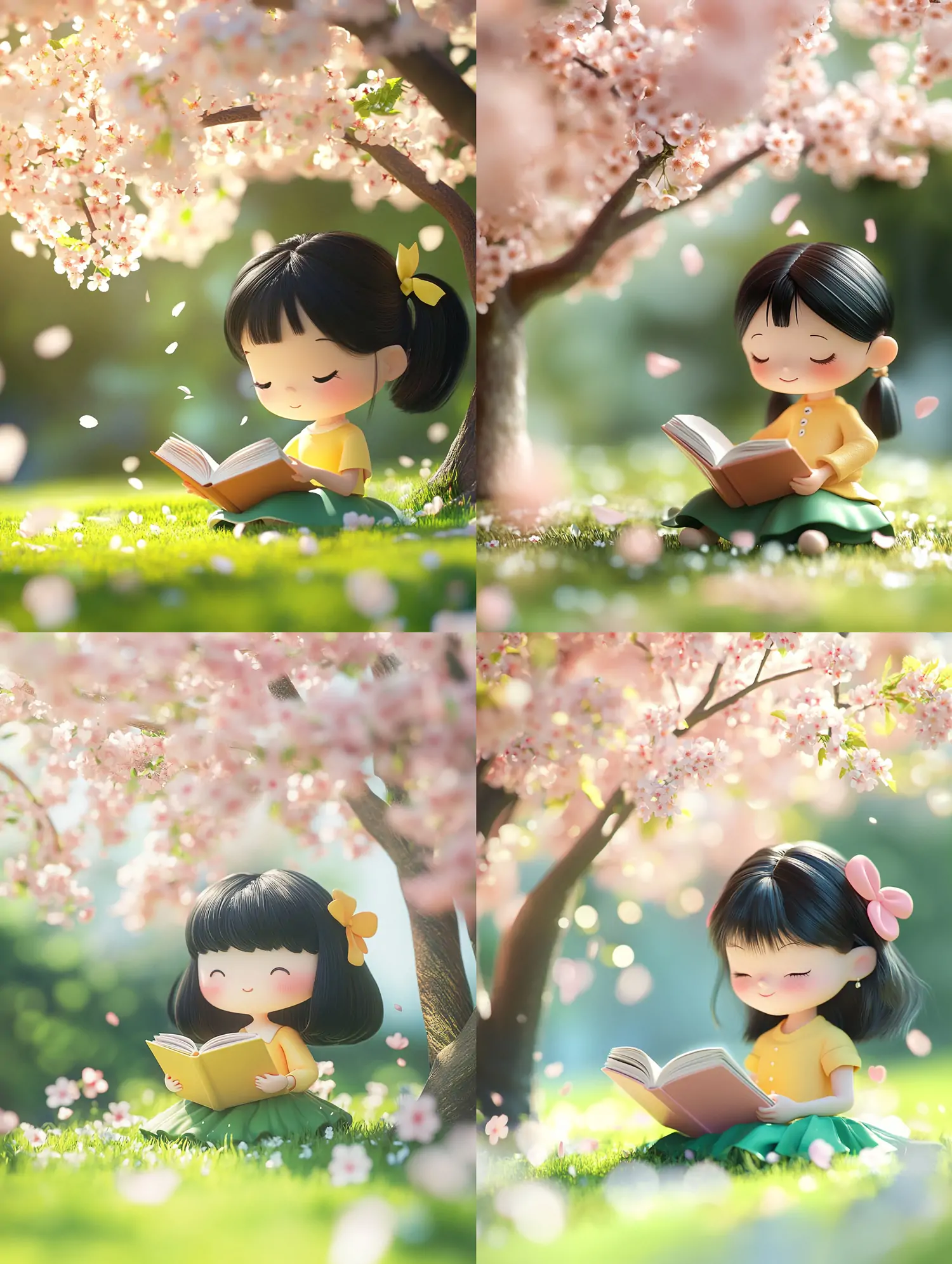 3D立体春天花园樱花女孩读书场景C4D盲盒玩具插图海报midjourney关键词咒语