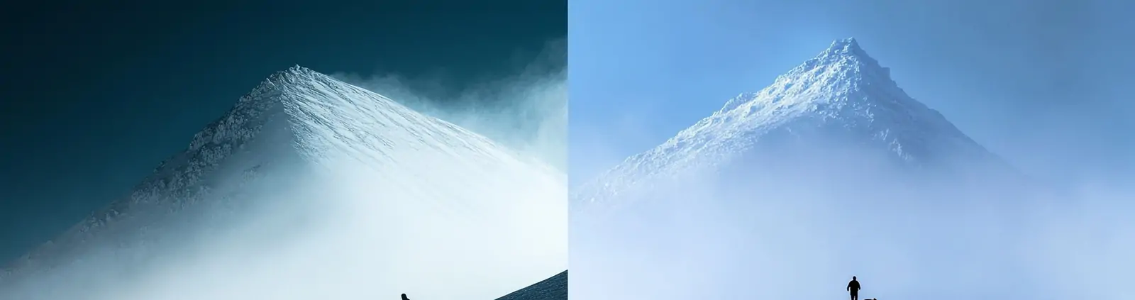 巍峨雪山薄雾自然风景山坡人物剪影摄影海报midjourney关键词咒语