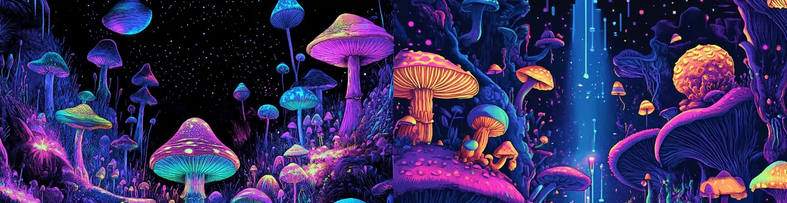 神秘紫色发光蘑菇漂浮岛屿数字拼贴画立体插图海报midjourney关键词咒语