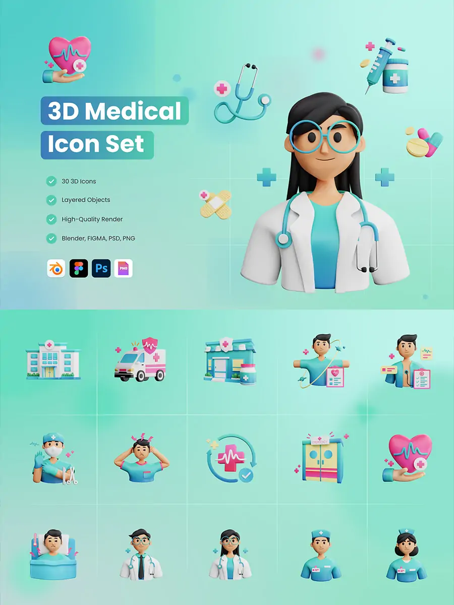 Midjourney - 3D立体医疗健康保健医生护士图标插图blender设计素材模型 三维模型-Ai宇宙吧-