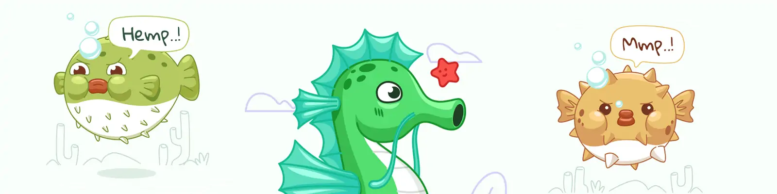 手绘可爱卡通海洋海马河豚表情动物插图ai矢量设计素材模版lllustration