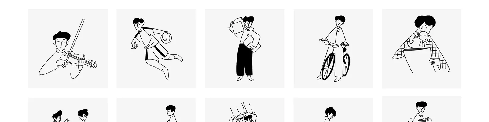 手绘极简主义黑白线条男孩日常生活插图eps矢量设计素材模版lllustration