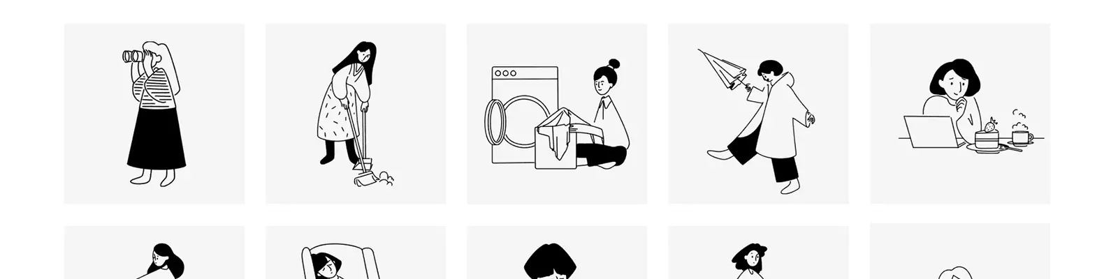 手绘极简主义黑白线条女孩日常生活插图eps矢量设计素材模版lllustration