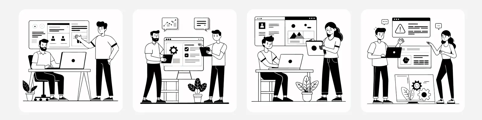 手绘卡通人物商务办公室工作团队合作线稿插图svg矢量设计素材模版lllustration