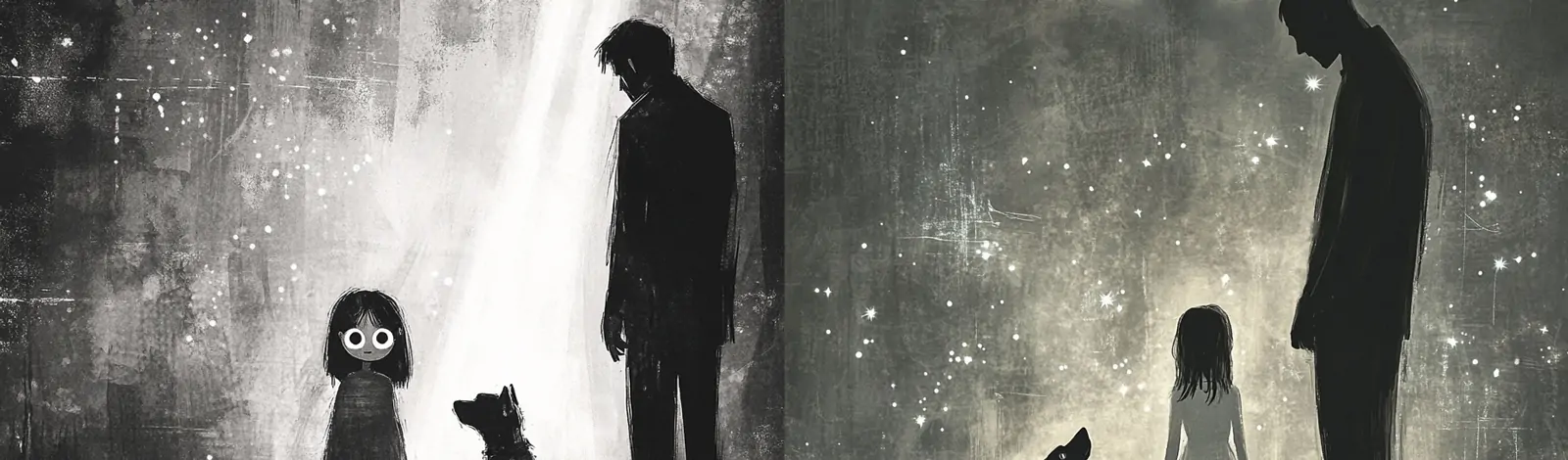 手绘男人女孩狗狗黑色神秘氛围星空场景插图海报midjourney关键词咒语