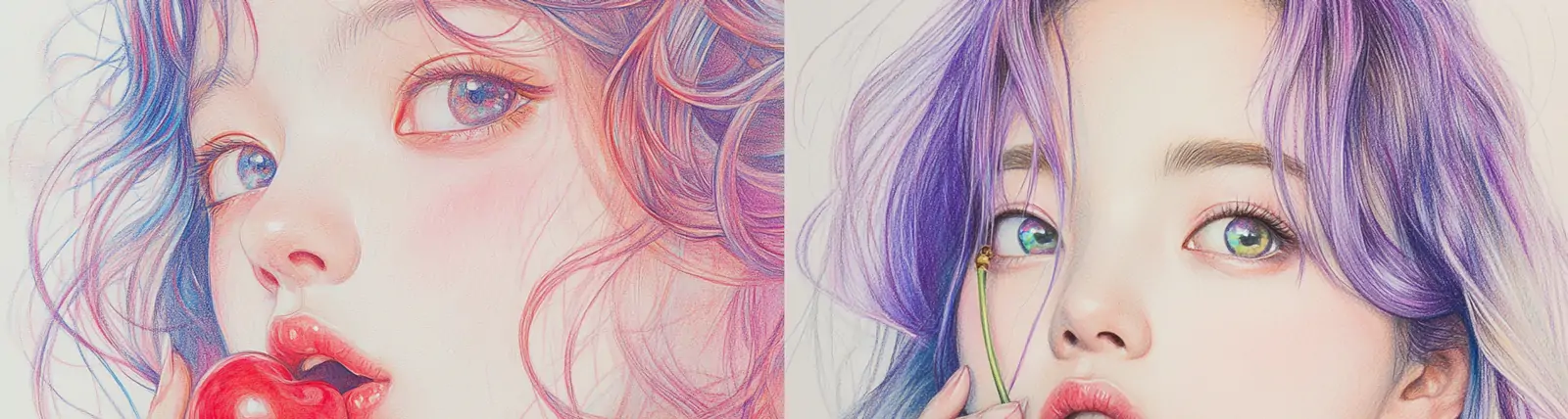 手绘彩色美丽女孩吃樱桃铅笔画绘画插图海报midjourney关键词咒语
