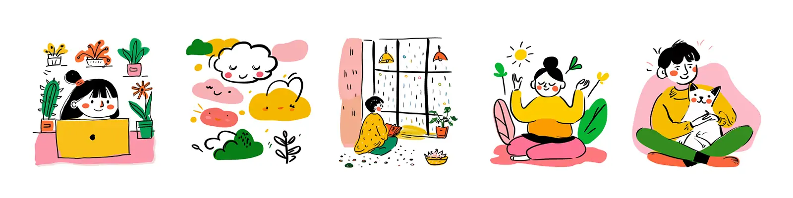 手绘卡通人物动物鲜花植物快乐之旅插图svg矢量设计素材模版lllustration