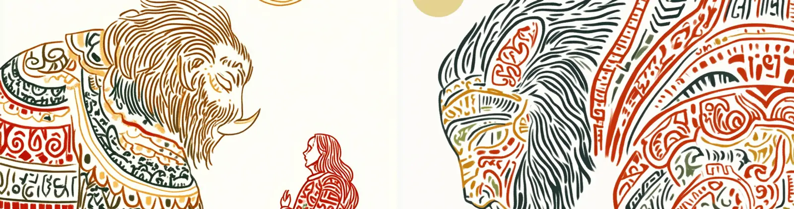 手绘彩色古代神兽人物线条插图绘画海报midjourney关键词咒语