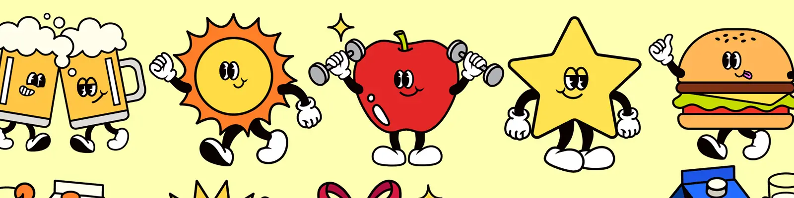 潮流复古趣味卡通拟人化美食动作表情插图ai矢量设计素材模版lllustration