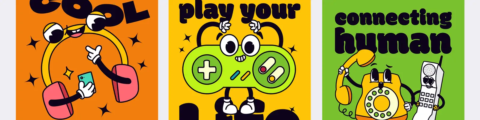 手绘复古卡通趣味工具游戏机电话表情插图eps矢量设计素材模版lllustration