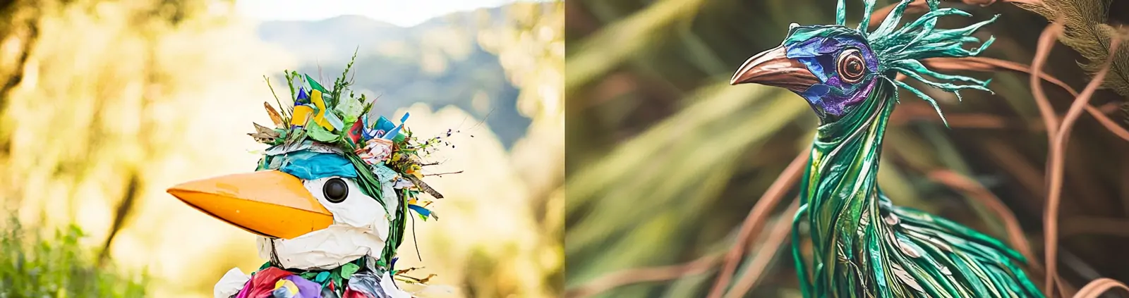 创意塑料垃圾动物鸟立体模型摄影海报midjourney关键词咒语