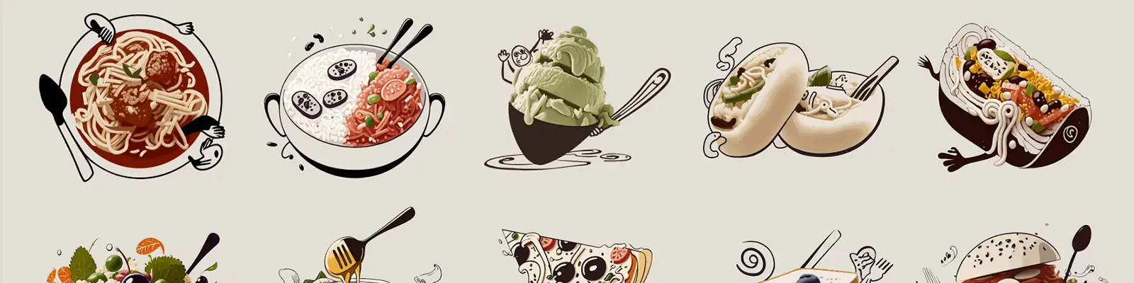 创意手绘美食甜品披萨拉面冷饮插图海报ai矢量设计素材模版illustration