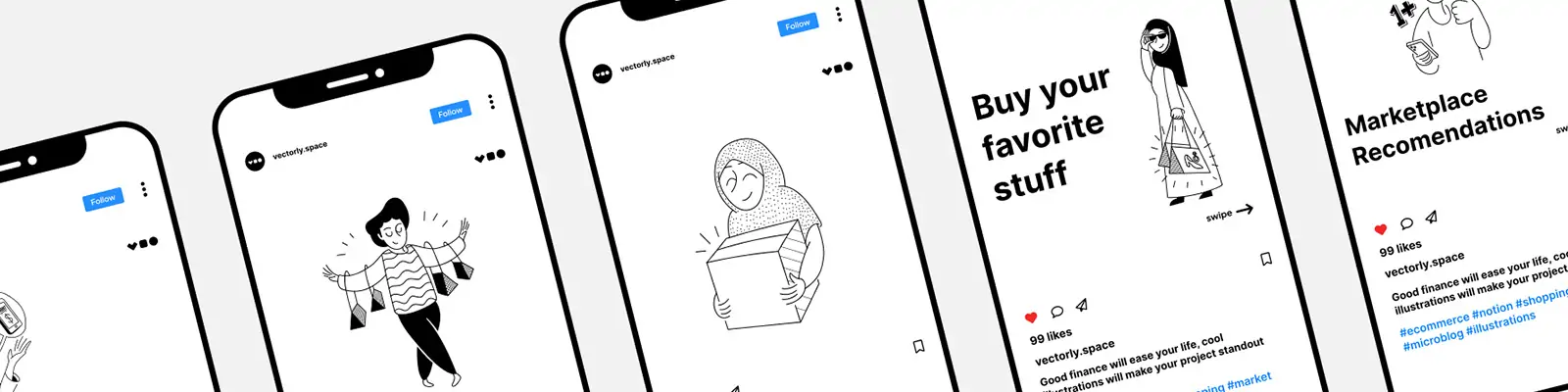 手绘卡通人物电商购物场景黑白线稿插图eps矢量设计素材模板illustration