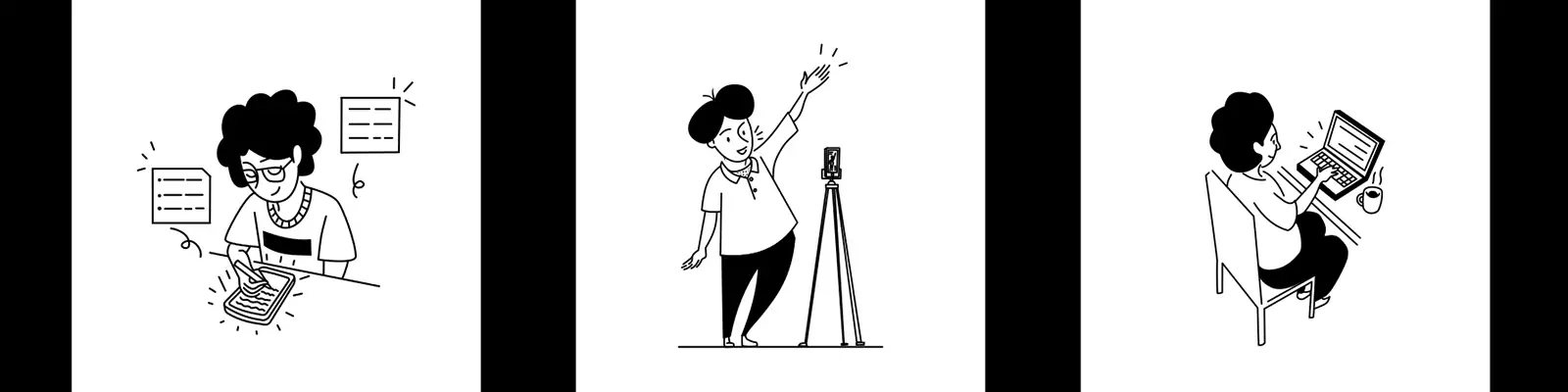 手绘卡通人物短视频艺术创作者黑白线稿插图矢量设计素材模板illustration