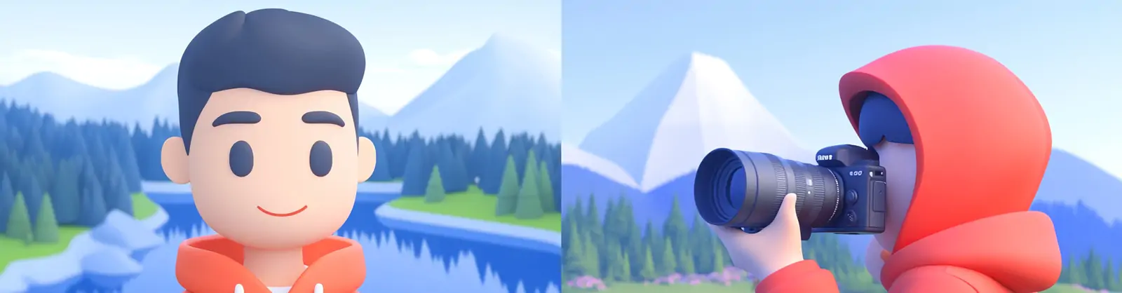 3D立体可爱卡通年轻男孩自然湖泊山脉照相机摄影插图海报midjourney关键词咒语